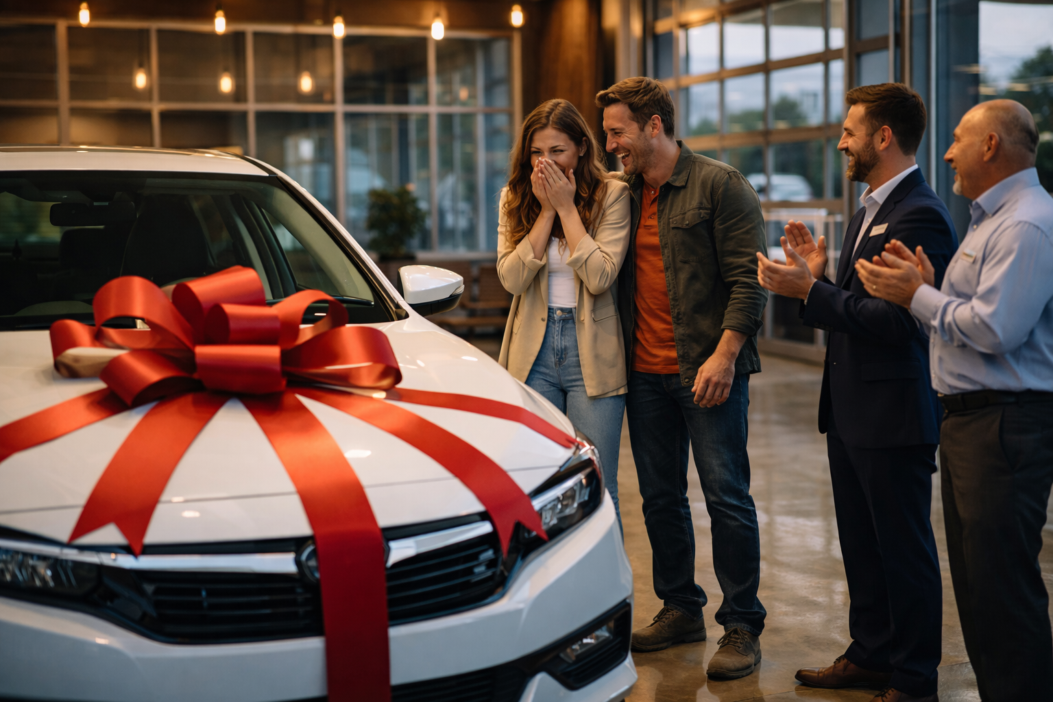 Cliente emocionada a receber carro com laço vermelho