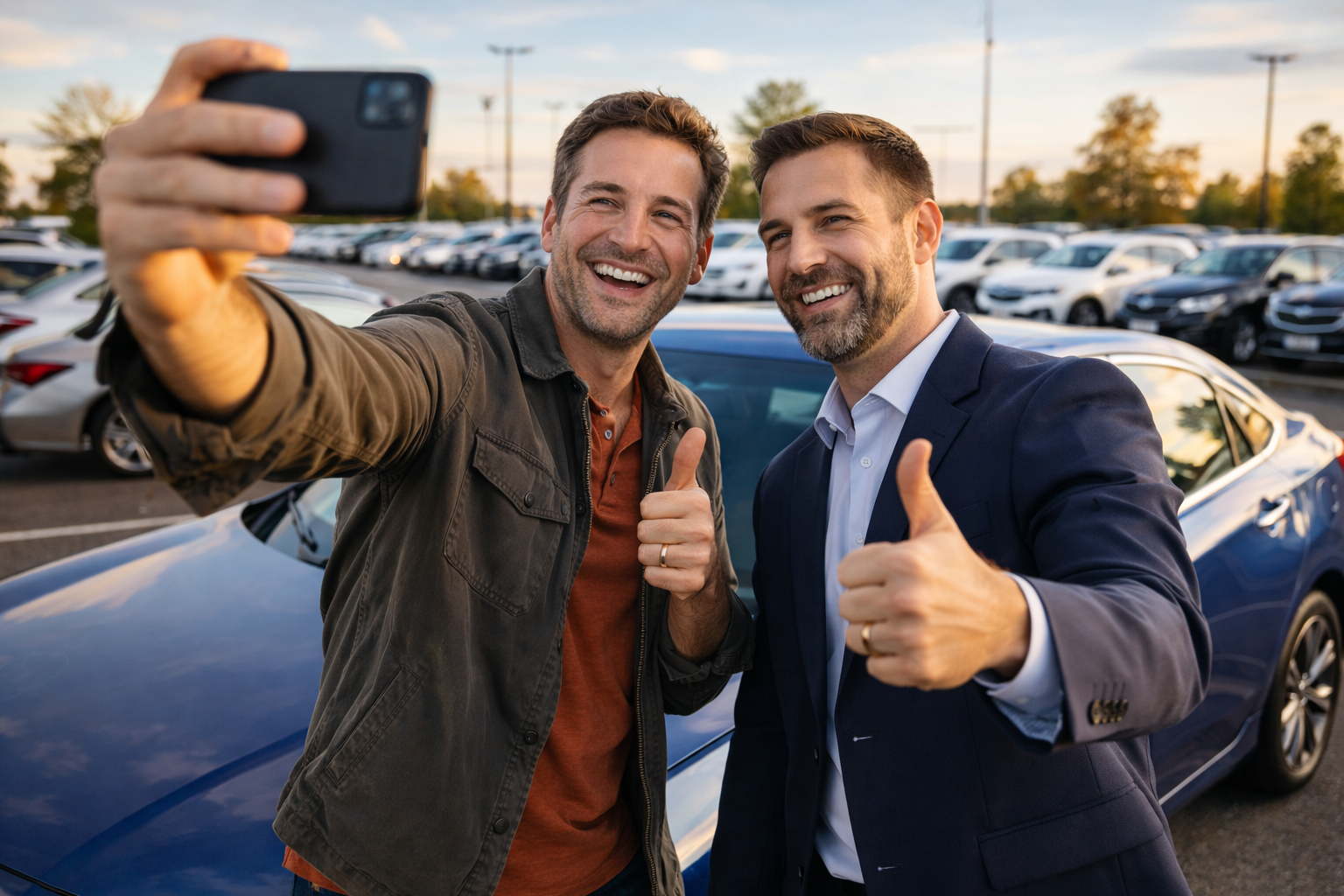 Cliente e vendedor a fazer selfie no parque de viaturas