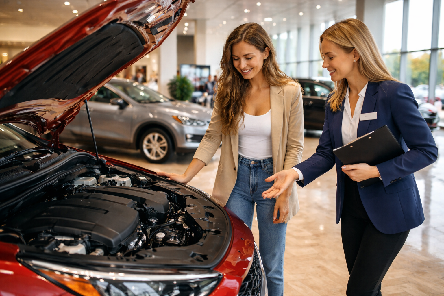 Consultora a explicar detalhes do motor a uma cliente